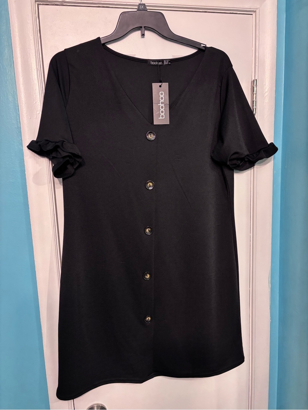 Boohoo Black V-Neck Button Front Mini Dress with Ruffle Sleeves